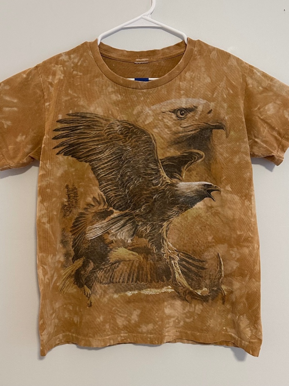 Men's Bald Eagle Print T-Shirt Medium Brown Tan Acid Wash Y2K Short Sleeve